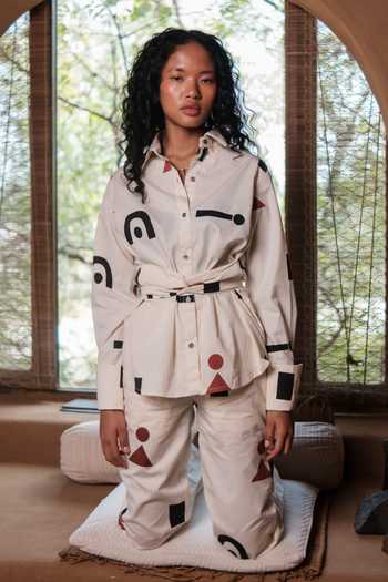 Buy_The Terra Tribe_Off White Organic Cotton Printed Stripe Collared Nara Traingle Front Knot Shirt_Online_at_Aza_Fashions