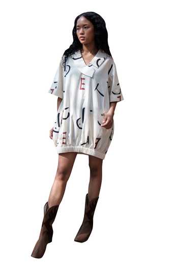 The Terra Tribe_Grey Organic Cotton Print Alphabet Asymmetric Sydney Letter Short Shift Dress_Online_at_Aza_Fashions