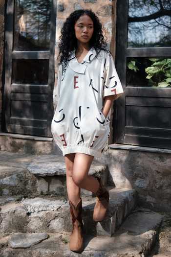 Buy_The Terra Tribe_Grey Organic Cotton Print Alphabet Asymmetric Sydney Letter Short Shift Dress_Online_at_Aza_Fashions