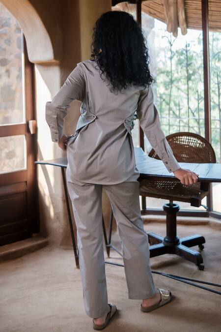 Shop The Terra Tribe Grey Organic Cotton Plain Collared Seattle Wrapped Shirt at Aza Fashions Shop_The Terra Tribe_Grey Organic Cotton Plain Collared Seattle Wrapped Shirt_at_Aza_Fashions