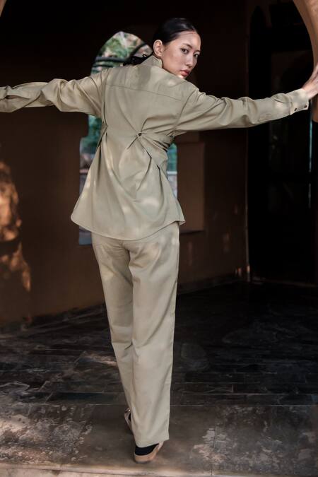 Shop The Terra Tribe Beige Organic Cotton Plain Collared Seattle Wrapped Shirt at Aza Fashions Shop_The Terra Tribe_Beige Organic Cotton Plain Collared Seattle Wrapped Shirt_at_Aza_Fashions