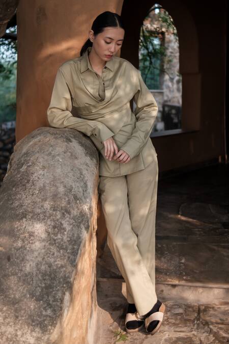 Buy The Terra Tribe Beige Organic Cotton Plain Collared Seattle Wrapped Shirt Online at Aza Fashions Buy_The Terra Tribe_Beige Organic Cotton Plain Collared Seattle Wrapped Shirt_Online_at_Aza_Fashions