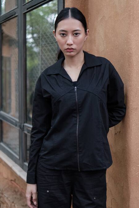 Buy_The Terra Tribe_Black Organic Cotton Plain Collared Arizona Shirt_Online_at_Aza_Fashions