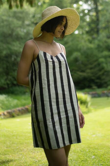 The Terra Tribe_Black Linen Printed Striped Sweetheart California Slip Dress_Online_at_Aza_Fashions