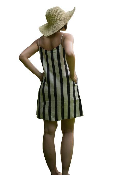 Shop_The Terra Tribe_Black Linen Printed Striped Sweetheart California Slip Dress_Online_at_Aza_Fashions