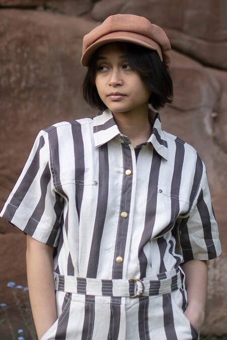 Shop_The Terra Tribe_Grey Linen Twill Printed Striped Collar Jumpsuit_Online_at_Aza_Fashions