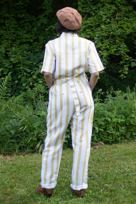 Shop The Terra Tribe Yellow Linen Twill Printed Striped Collar Pattern Jumpsuit at Aza Fashions Shop_The Terra Tribe_Yellow Linen Twill Printed Striped Collar Pattern Jumpsuit_at_Aza_Fashions