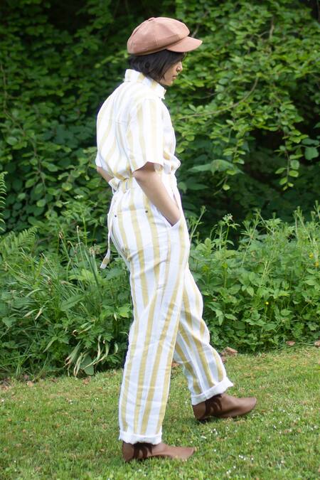 The Terra Tribe Yellow Linen Twill Printed Striped Collar Pattern Jumpsuit Online at Aza Fashions The Terra Tribe_Yellow Linen Twill Printed Striped Collar Pattern Jumpsuit_Online_at_Aza_Fashions