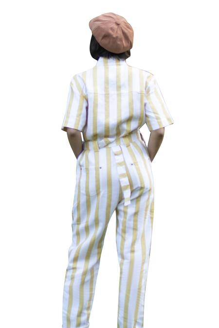 Buy The Terra Tribe Yellow Linen Twill Printed Striped Collar Pattern Jumpsuit Online at Aza Fashions Buy_The Terra Tribe_Yellow Linen Twill Printed Striped Collar Pattern Jumpsuit_Online_at_Aza_Fashions