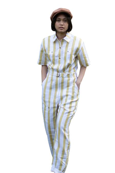 Shop The Terra Tribe Yellow Linen Twill Printed Striped Collar Pattern Jumpsuit Online at Aza Fashions Shop_The Terra Tribe_Yellow Linen Twill Printed Striped Collar Pattern Jumpsuit_Online_at_Aza_Fashions