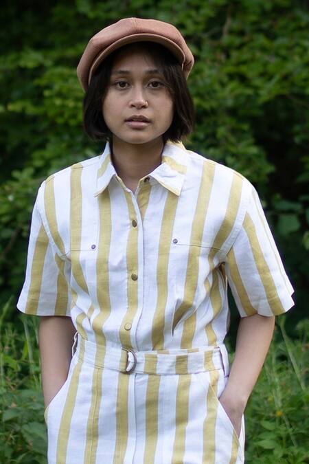 The Terra Tribe Yellow Linen Twill Printed Striped Collar Pattern Jumpsuit at Aza Fashions The Terra Tribe_Yellow Linen Twill Printed Striped Collar Pattern Jumpsuit_at_Aza_Fashions