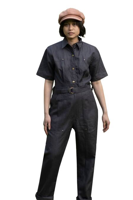 The Terra Tribe_Grey Linen Twill Solid Collar Jumpsuit_Online_at_Aza_Fashions