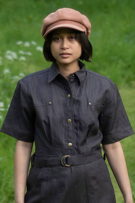 Buy_The Terra Tribe_Grey Linen Twill Solid Collar Jumpsuit_Online_at_Aza_Fashions