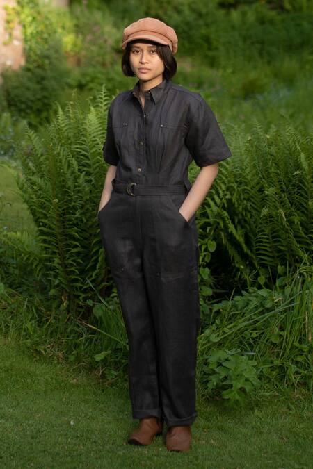 Shop_The Terra Tribe_Grey Linen Twill Solid Collar Jumpsuit_Online_at_Aza_Fashions