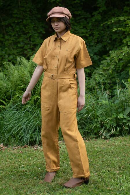 Shop The Terra Tribe Yellow Linen Twill Solid Collar Plain Jumpsuit at Aza Fashions Shop_The Terra Tribe_Yellow Linen Twill Solid Collar Plain Jumpsuit_at_Aza_Fashions