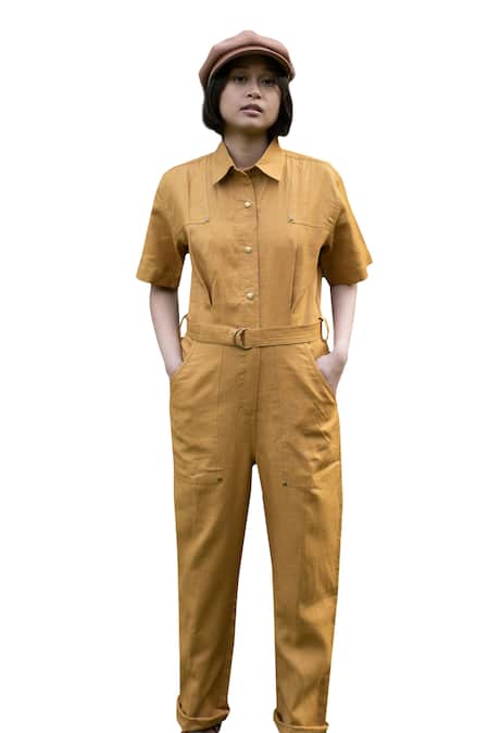 The Terra Tribe Yellow Linen Twill Solid Collar Plain Jumpsuit Online at Aza Fashions The Terra Tribe_Yellow Linen Twill Solid Collar Plain Jumpsuit_Online_at_Aza_Fashions
