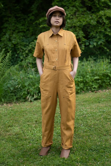 Buy The Terra Tribe Yellow Linen Twill Solid Collar Plain Jumpsuit Online at Aza Fashions Buy_The Terra Tribe_Yellow Linen Twill Solid Collar Plain Jumpsuit_Online_at_Aza_Fashions