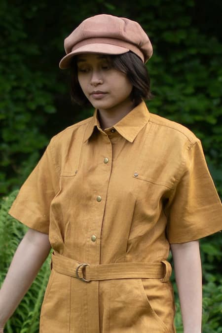 Shop The Terra Tribe Yellow Linen Twill Solid Collar Plain Jumpsuit Online at Aza Fashions Shop_The Terra Tribe_Yellow Linen Twill Solid Collar Plain Jumpsuit_Online_at_Aza_Fashions