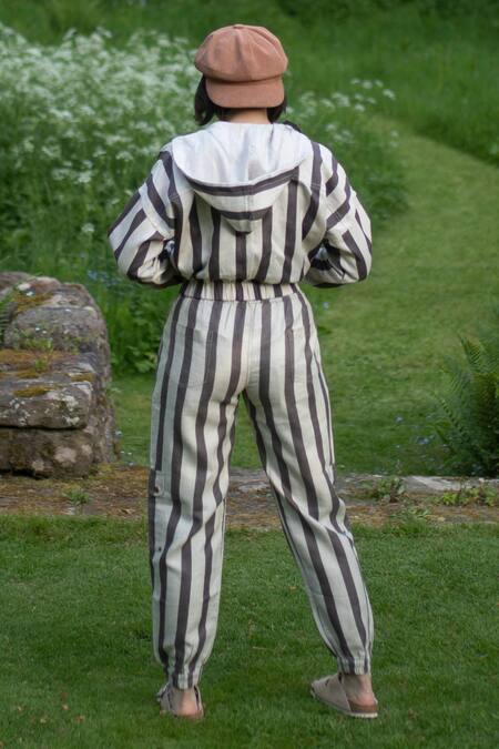 Shop The Terra Tribe Grey Linen Twill Printed Stripe Sunrise Worker Pant at Aza Fashions Shop_The Terra Tribe_Grey Linen Twill Printed Stripe Sunrise Worker Pant_at_Aza_Fashions