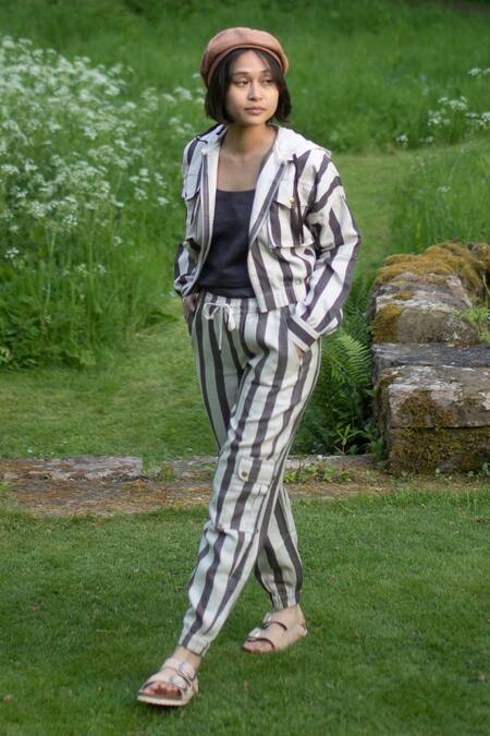 The Terra Tribe Grey Linen Twill Printed Stripe Sunrise Worker Pant Online at Aza Fashions The Terra Tribe_Grey Linen Twill Printed Stripe Sunrise Worker Pant_Online_at_Aza_Fashions