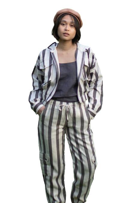 Buy The Terra Tribe Grey Linen Twill Printed Stripe Sunrise Worker Pant Online at Aza Fashions Buy_The Terra Tribe_Grey Linen Twill Printed Stripe Sunrise Worker Pant_Online_at_Aza_Fashions