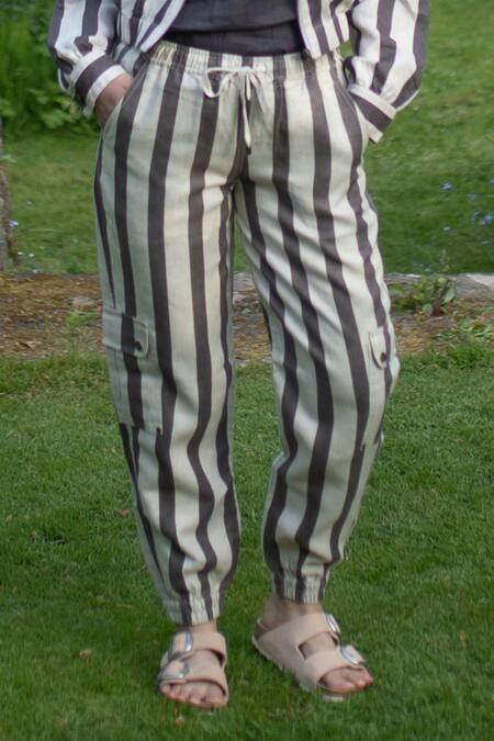 Shop The Terra Tribe Grey Linen Twill Printed Stripe Sunrise Worker Pant Online at Aza Fashions Shop_The Terra Tribe_Grey Linen Twill Printed Stripe Sunrise Worker Pant_Online_at_Aza_Fashions