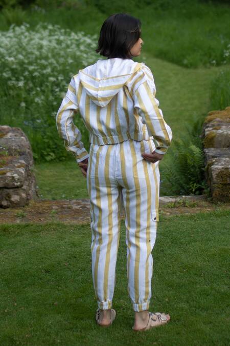 Shop_The Terra Tribe_Yellow Linen Twill Printed Stripe Sunrise Worker Pant_at_Aza_Fashions