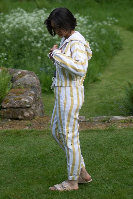 Shop_The Terra Tribe_Yellow Linen Twill Printed Stripe Sunrise Worker Pant_Online_at_Aza_Fashions