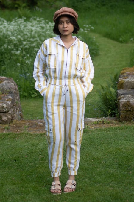 Buy_The Terra Tribe_Yellow Linen Twill Printed Stripe Sunrise Worker Pant