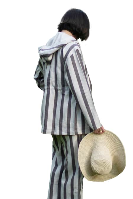 The Terra Tribe_Grey Linen Twill Printed Stripe Collar Nelson Utility Jacket_Online_at_Aza_Fashions