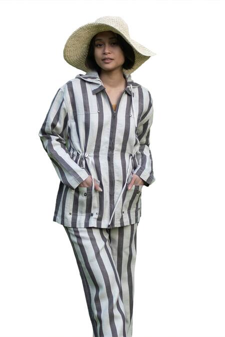 Buy_The Terra Tribe_Grey Linen Twill Printed Stripe Collar Nelson Utility Jacket_Online_at_Aza_Fashions