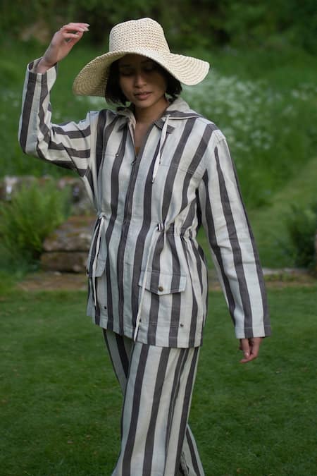 Shop_The Terra Tribe_Grey Linen Twill Printed Stripe Collar Nelson Utility Jacket_Online_at_Aza_Fashions