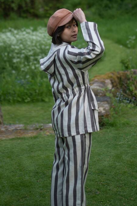 The Terra Tribe_Grey Linen Twill Printed Stripe Collar Nelson Utility Jacket_at_Aza_Fashions