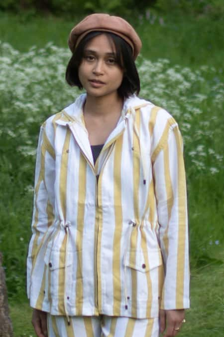 The Terra Tribe Yellow Linen Twill Printed Stripe Collar Nelson Utility Jacket 