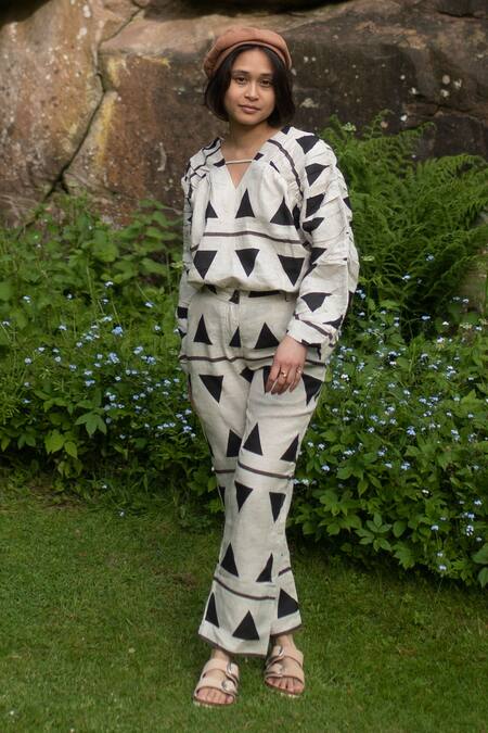 The Terra Tribe_Black Linen Printed Tribal V Neck Top_Online_at_Aza_Fashions