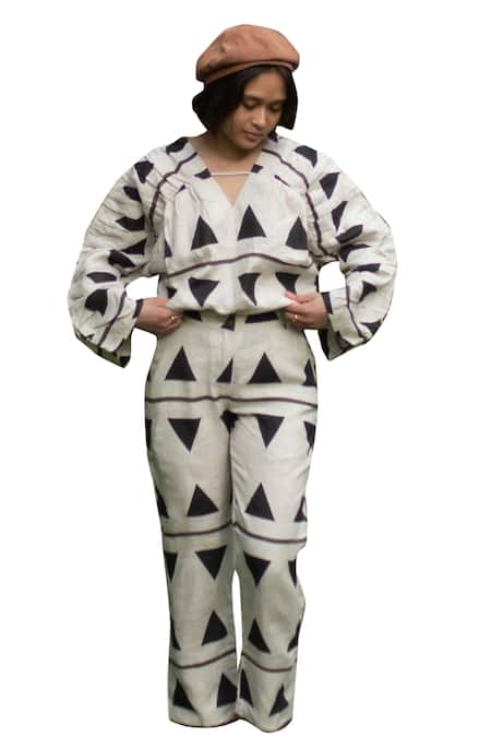 Shop_The Terra Tribe_Black Linen Printed Tribal V Neck Top_Online_at_Aza_Fashions