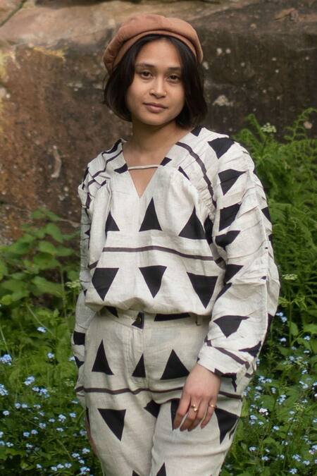 The Terra Tribe_Black Linen Printed Tribal V Neck Top_at_Aza_Fashions