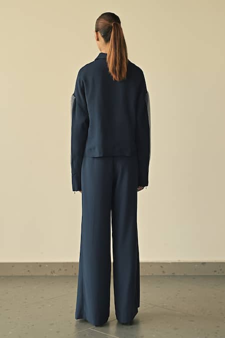 Shop Somya Goyal Blue Microfibre Faille- 95% Solid Parallel High-waisted Flared Trouser at Aza Fashions Shop_Somya Goyal_Blue Microfibre Faille- 95% Solid Parallel High-waisted Flared Trouser_at_Aza_Fashions