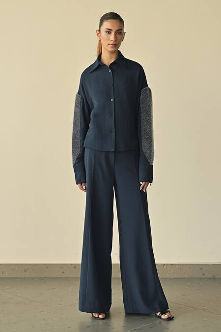 Buy Somya Goyal Blue Microfibre Faille- 95% Solid Parallel High-waisted Flared Trouser Online at Aza Fashions Buy_Somya Goyal_Blue Microfibre Faille- 95% Solid Parallel High-waisted Flared Trouser_Online_at_Aza_Fashions