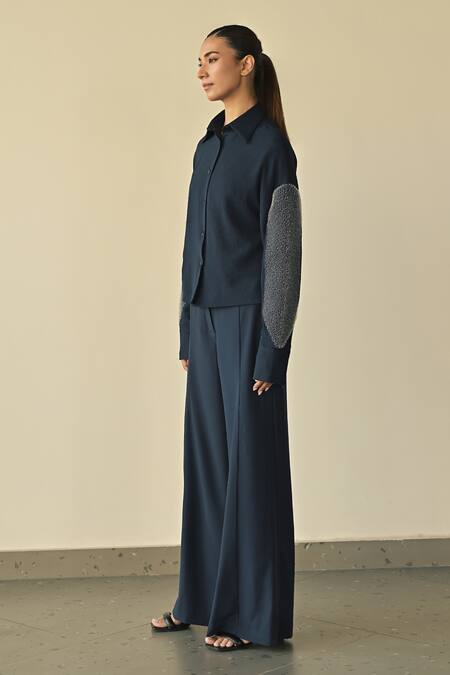 Shop Somya Goyal Blue Microfibre Faille- 95% Solid Parallel High-waisted Flared Trouser Online at Aza Fashions Shop_Somya Goyal_Blue Microfibre Faille- 95% Solid Parallel High-waisted Flared Trouser_Online_at_Aza_Fashions