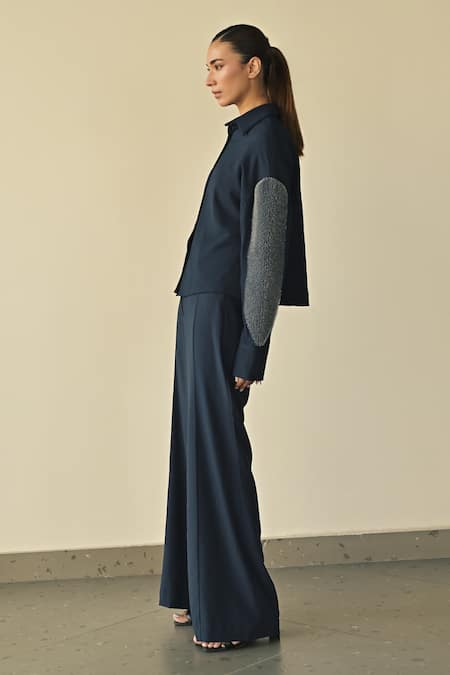 Somya Goyal Blue Microfibre Faille- 95% Solid Parallel High-waisted Flared Trouser at Aza Fashions Somya Goyal_Blue Microfibre Faille- 95% Solid Parallel High-waisted Flared Trouser_at_Aza_Fashions