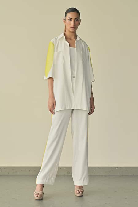 Shop_Somya Goyal_White Microfibre Faille- 95% Embroidered Pvc Side Straight-fit Trouser_at_Aza_Fashions