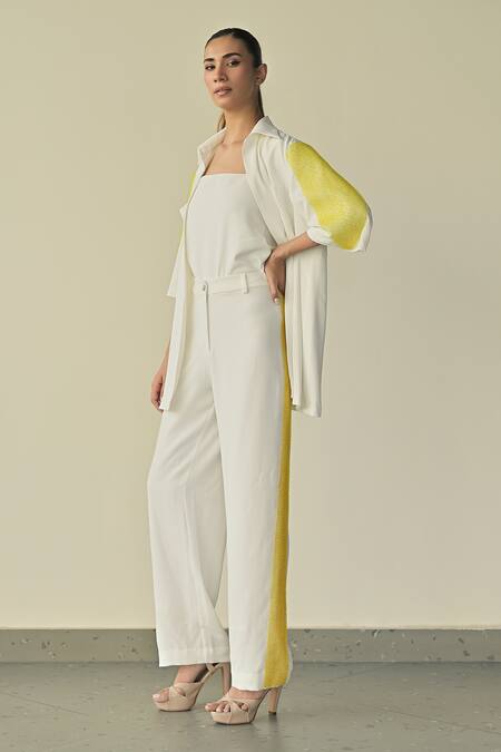 Buy_Somya Goyal_White Microfibre Faille- 95% Embroidered Pvc Side Straight-fit Trouser_Online_at_Aza_Fashions