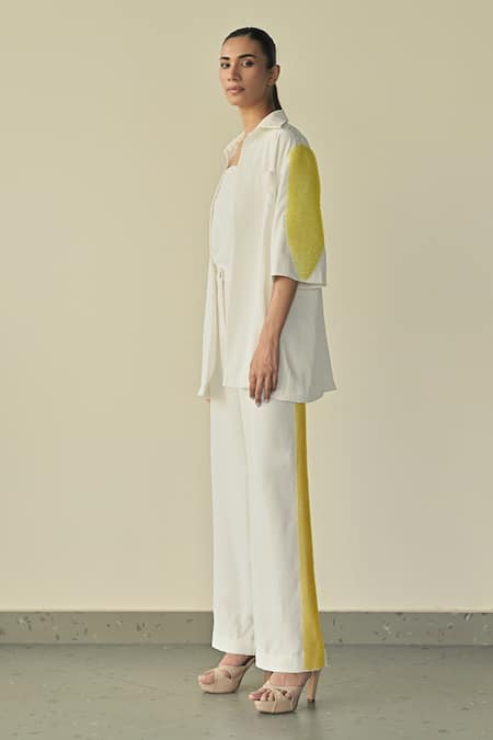 Shop_Somya Goyal_White Microfibre Faille- 95% Embroidered Pvc Side Straight-fit Trouser_Online_at_Aza_Fashions