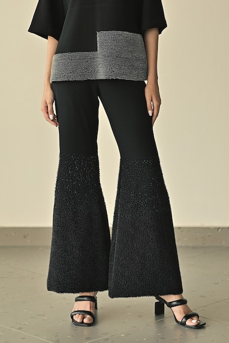 Somya Goyal_Black 95% Viscose Blend Hand Gradated High-waisted Bell Bottom Pant_Online_at_Aza_Fashions