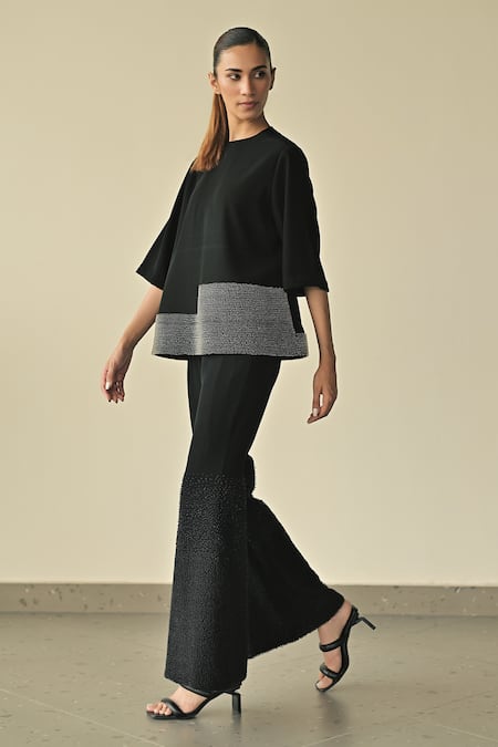 Buy_Somya Goyal_Black 95% Viscose Blend Hand Gradated High-waisted Bell Bottom Pant_Online_at_Aza_Fashions