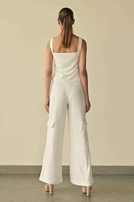 Shop Somya Goyal White Microfibre Faille- 95% Pvc Solid Flared Cargo Trouser at Aza Fashions Shop_Somya Goyal_White Microfibre Faille- 95% Pvc Solid Flared Cargo Trouser_at_Aza_Fashions