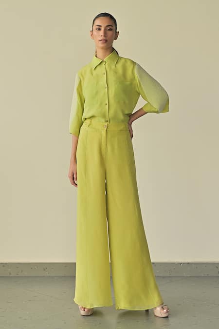 Somya Goyal_Green Super Organza Solid Parallel Flared Trouser_Online_at_Aza_Fashions