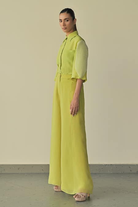 Shop_Somya Goyal_Green Super Organza Solid Parallel Flared Trouser_Online_at_Aza_Fashions