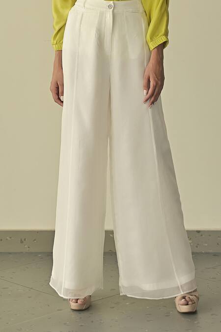 Somya Goyal_White Super Organza Solid Parallel Plain High-waisted Flared Trouser_Online_at_Aza_Fashions
